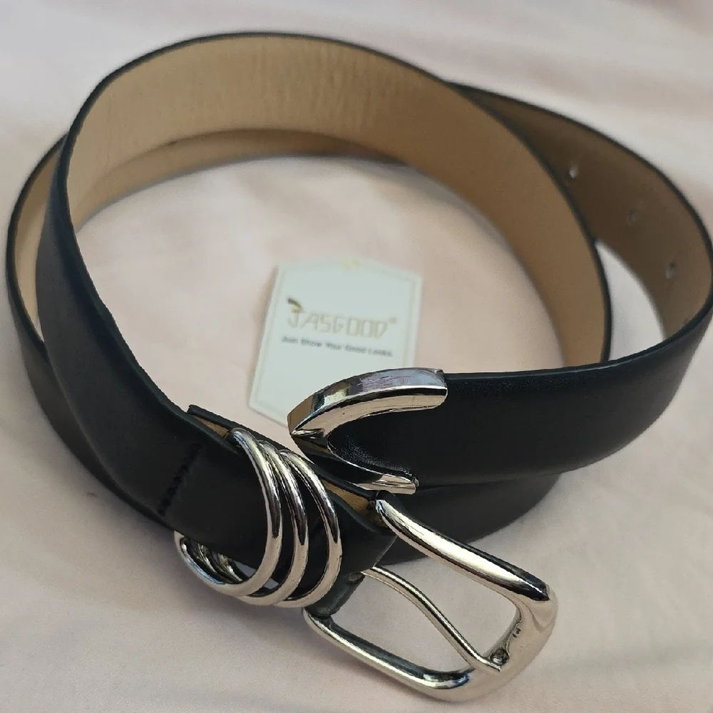 Women's Black Leather Belt with Silver Buckle By Jasgood, NWT
